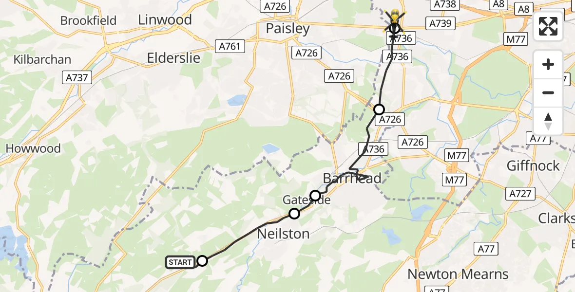 Flight route Police Helicopter Uplawmoor - Paisley, 03 August 2026, 13:17