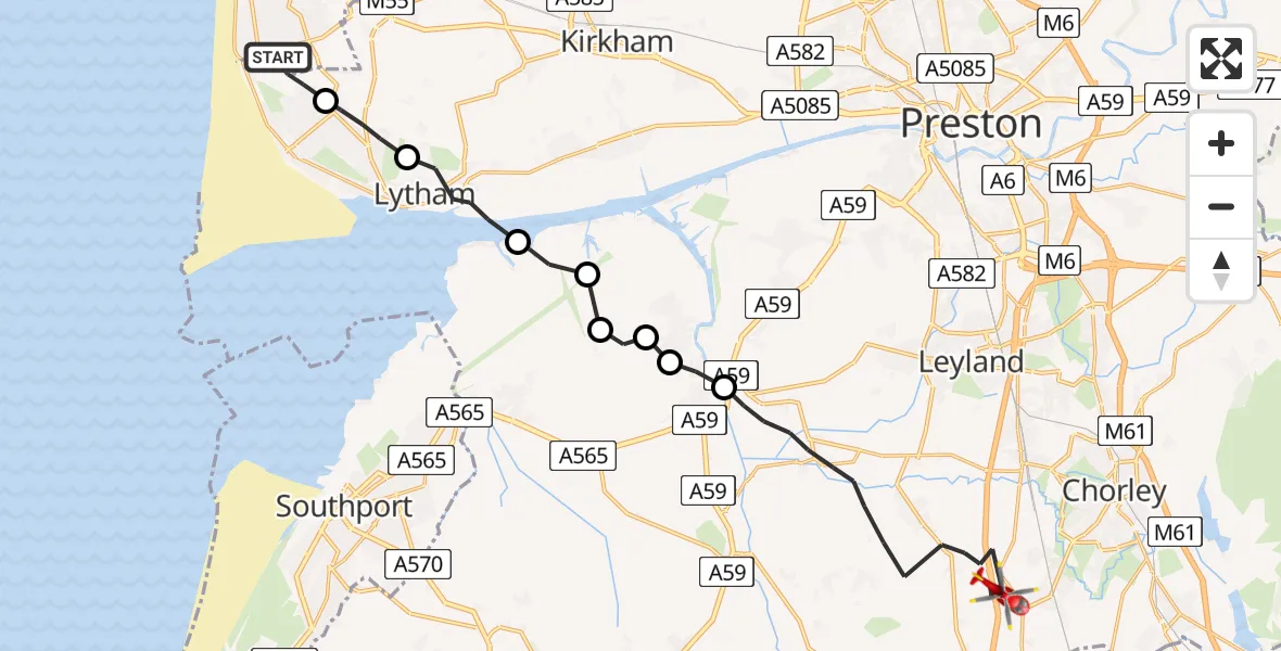 Flight route Air Ambulance Helicopter Blackpool Airport - Chorley, 03 August 2026, 13:21