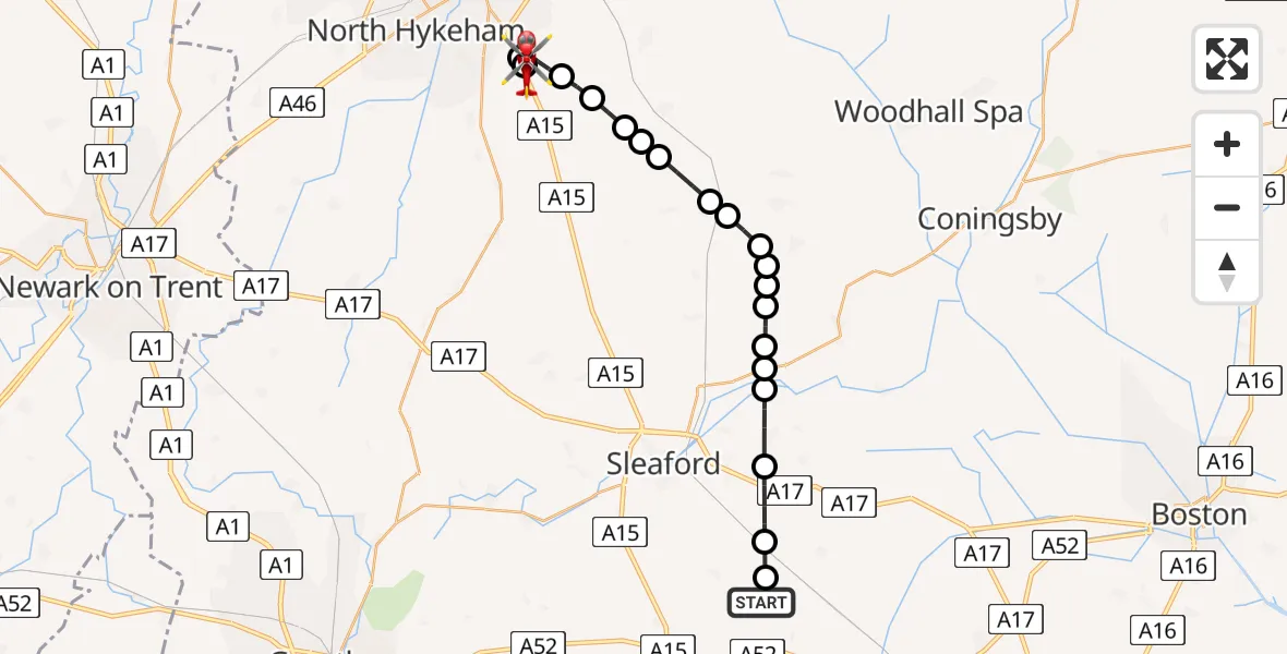 Flight route Air Ambulance Helicopter North Kesteven - North Kesteven, 03 August 2026, 13:25
