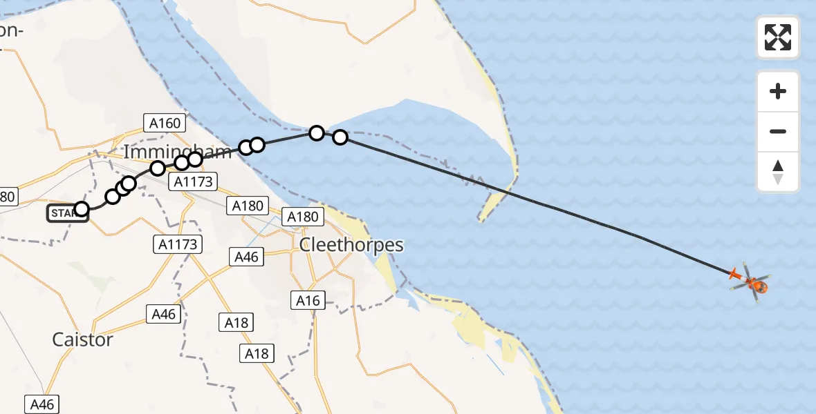 Flight route Coastguard Helicopter Kirmington - North Sea, 03 August 2026, 13:29