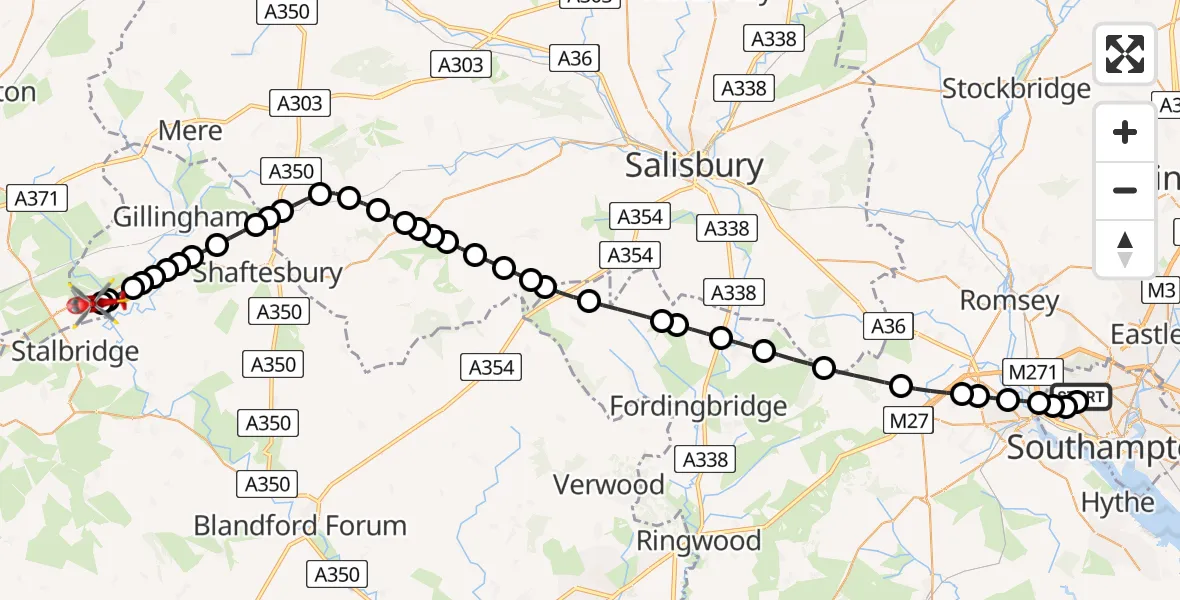 Flight route Air Ambulance Helicopter University Hospital Southampton - Henstridge Airfield, 03 August 2026, 13:30