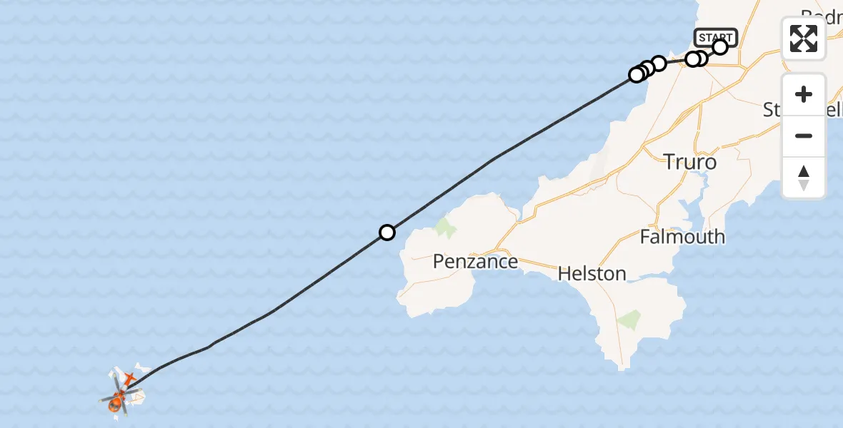 Flight route Coastguard Helicopter Cornwall Airport Newquay - North Atlantic Ocean, 03 August 2026, 13:32