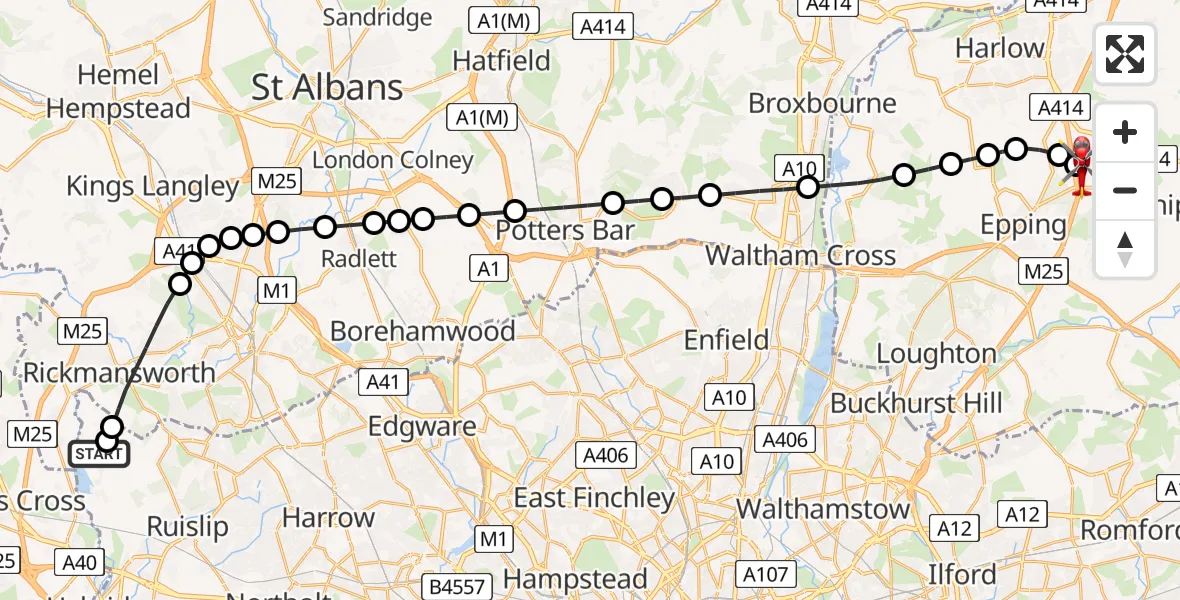 Flight route Air Ambulance Helicopter Harefield Hospital - North Weald Airfield, 03 August 2026, 13:33