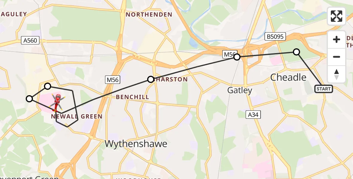 Flight route Air Ambulance Helicopter Cheadle - Wythenshawe Hospital Helipad, 03 August 2026, 13:39