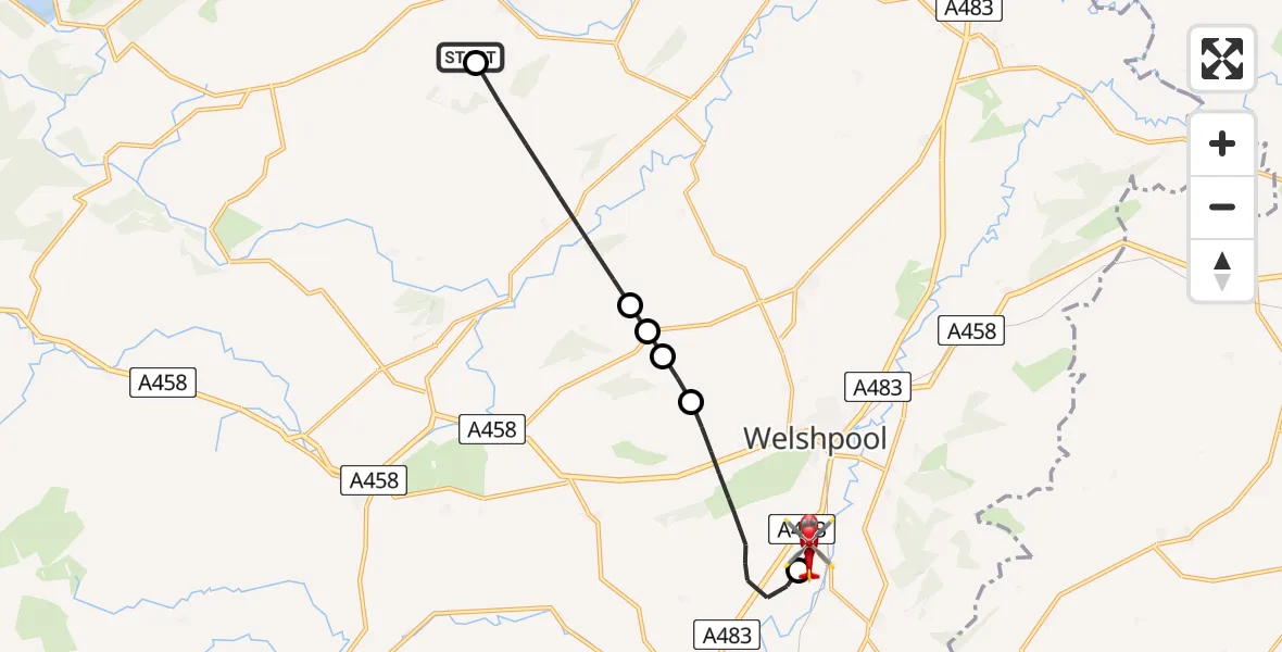 Flight route Air Ambulance Helicopter Llanfyllin - Welshpool Airport, 03 August 2026, 13:49