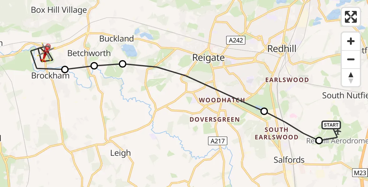 Flight route Air Ambulance Helicopter Redhill Aerodrome - Brockham, 03 August 2026, 13:51