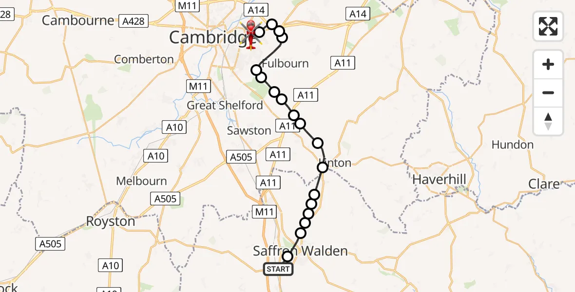 Flight route Air Ambulance Helicopter Wendens Ambo - Cambridge City Airport, 03 August 2026, 13:54