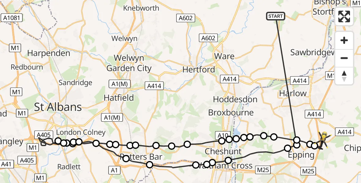 Flight route Police Helicopter Much Hadham - North Weald Airfield, 03 August 2026, 14:08