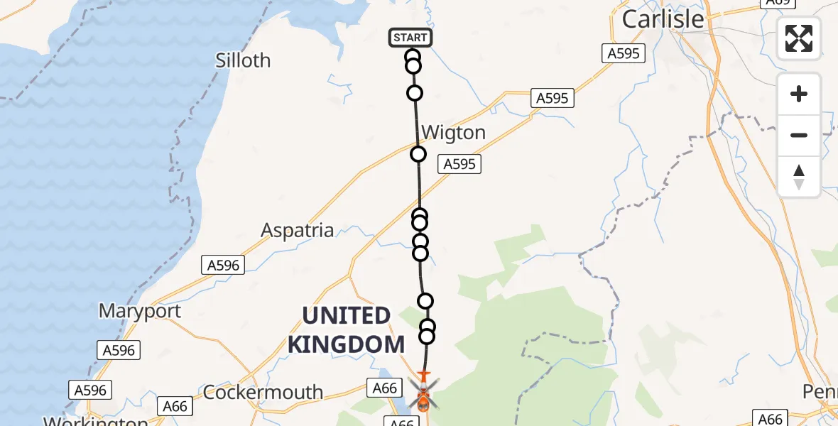 Flight route Coastguard Helicopter Kirkbride Airfield - Bassenthwaite, 03 August 2026, 14:11