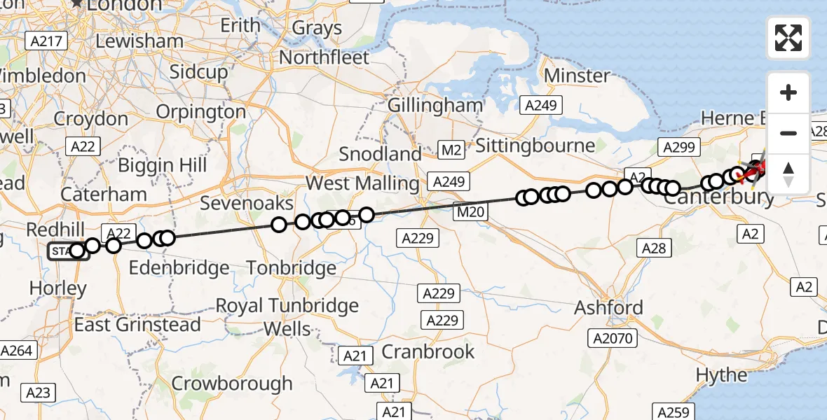 Flight route Air Ambulance Helicopter Redhill Aerodrome - Sturry, 03 August 2026, 14:11