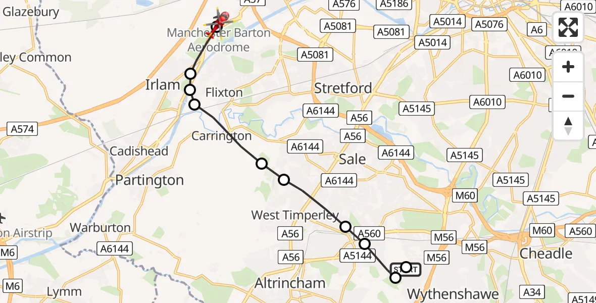 Flight route Air Ambulance Helicopter Wythenshawe Hospital Helipad - Manchester Barton Aerodrome, 03 August 2026, 14:16