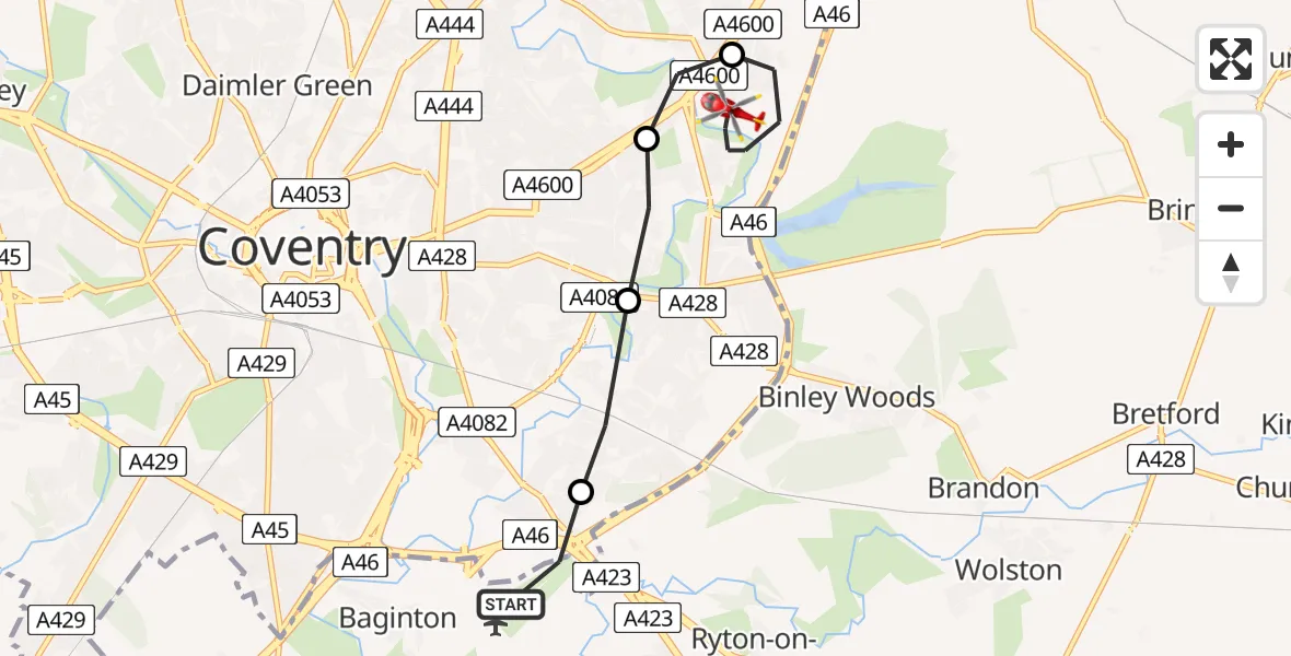 Flight route Air Ambulance Helicopter Coventry Airport - University Hospital Coventry, 03 August 2026, 14:24