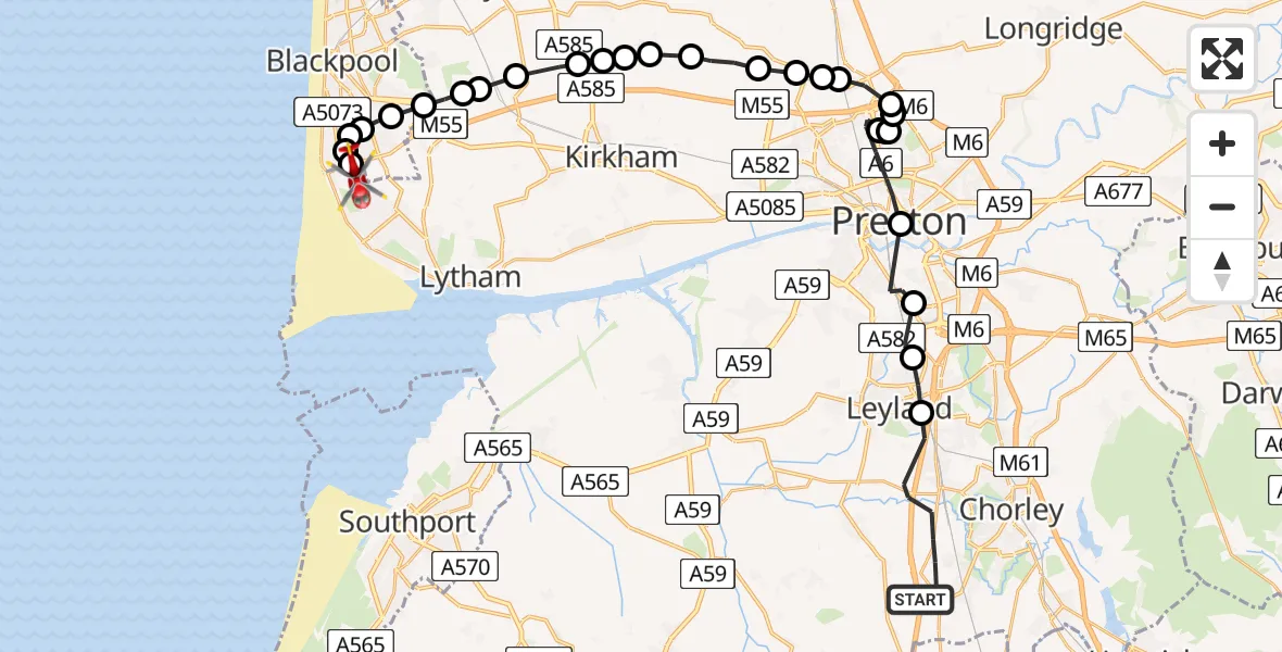 Flight route Air Ambulance Helicopter Chorley - Blackpool Airport, 03 August 2026, 14:25
