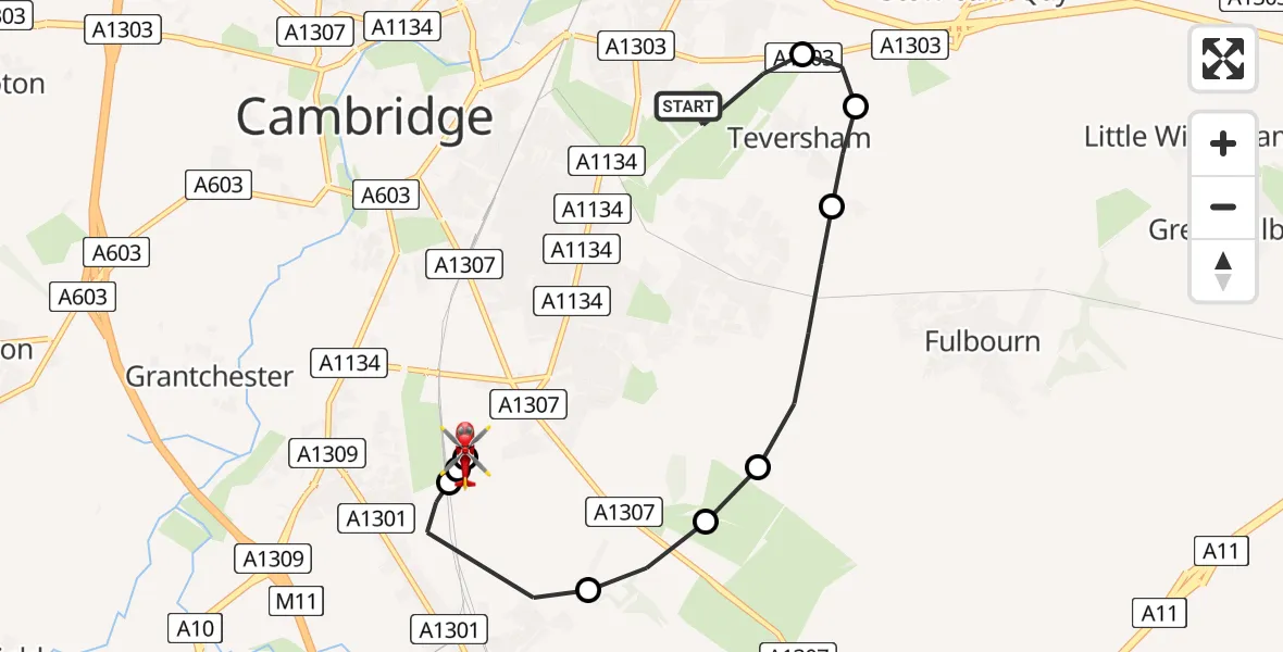 Flight route Air Ambulance Helicopter Cambridge City Airport - Papworth Hospital, 03 August 2026, 14:35