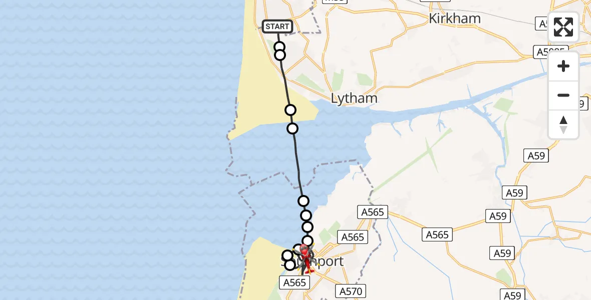 Flight route Air Ambulance Helicopter Blackpool Airport - Southport, 03 August 2026, 14:46