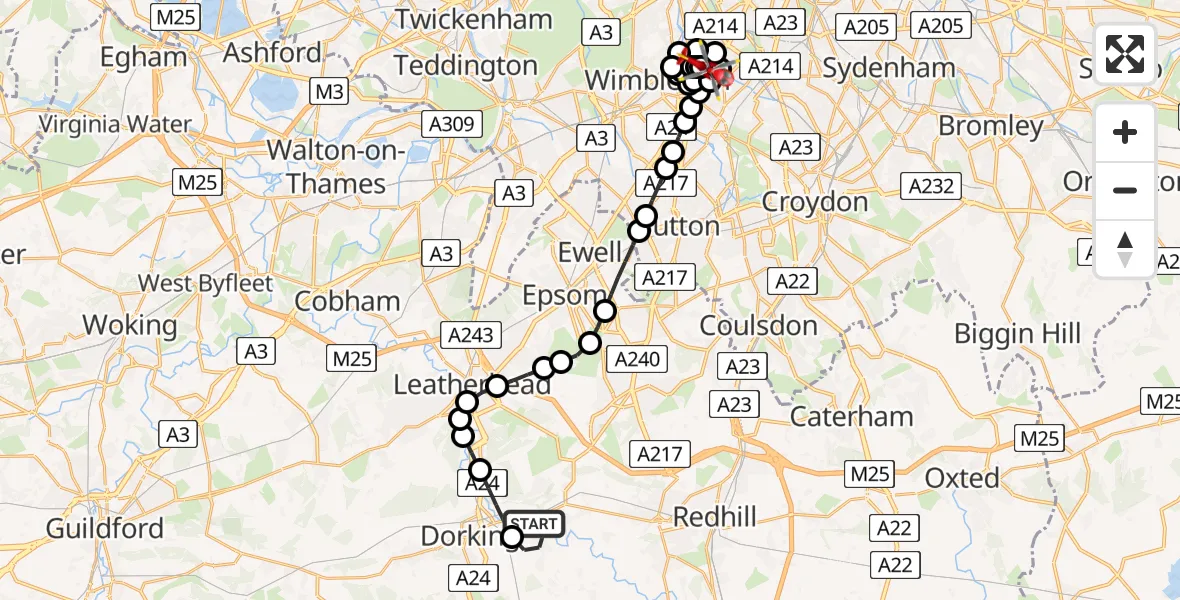 Flight route Air Ambulance Helicopter Brockham - St Georges Hospital, 03 August 2026, 14:51