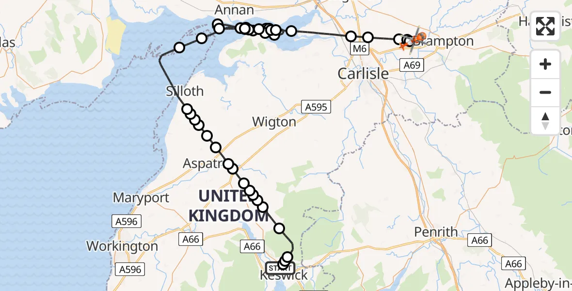 Flight route Coastguard Helicopter Applethwaite - Carlisle Lake District Airport, 03 August 2026, 15:00