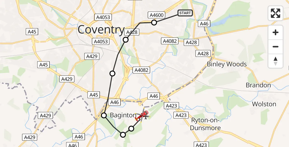 Flight route Air Ambulance Helicopter Clifford Park - Coventry Airport, 03 August 2026, 15:03