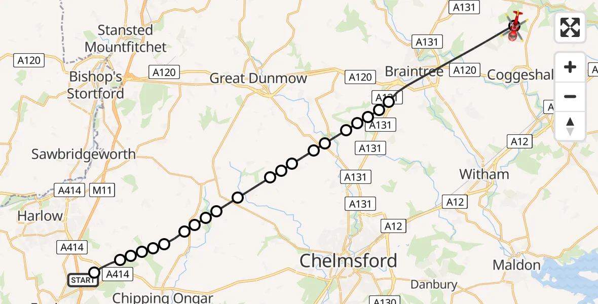 Flight route Air Ambulance Helicopter North Weald Airfield - Earls Colne Airfield, 03 August 2026, 15:04