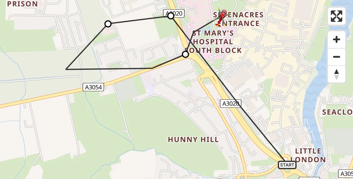 Flight route Air Ambulance Helicopter Newport - St Marys Hospital Isle Of Wight, 03 August 2026, 15:06