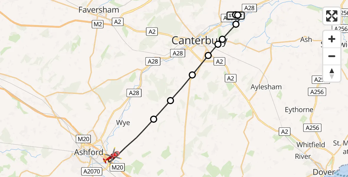 Flight route Air Ambulance Helicopter Hersden - Ashford, 03 August 2026, 15:08