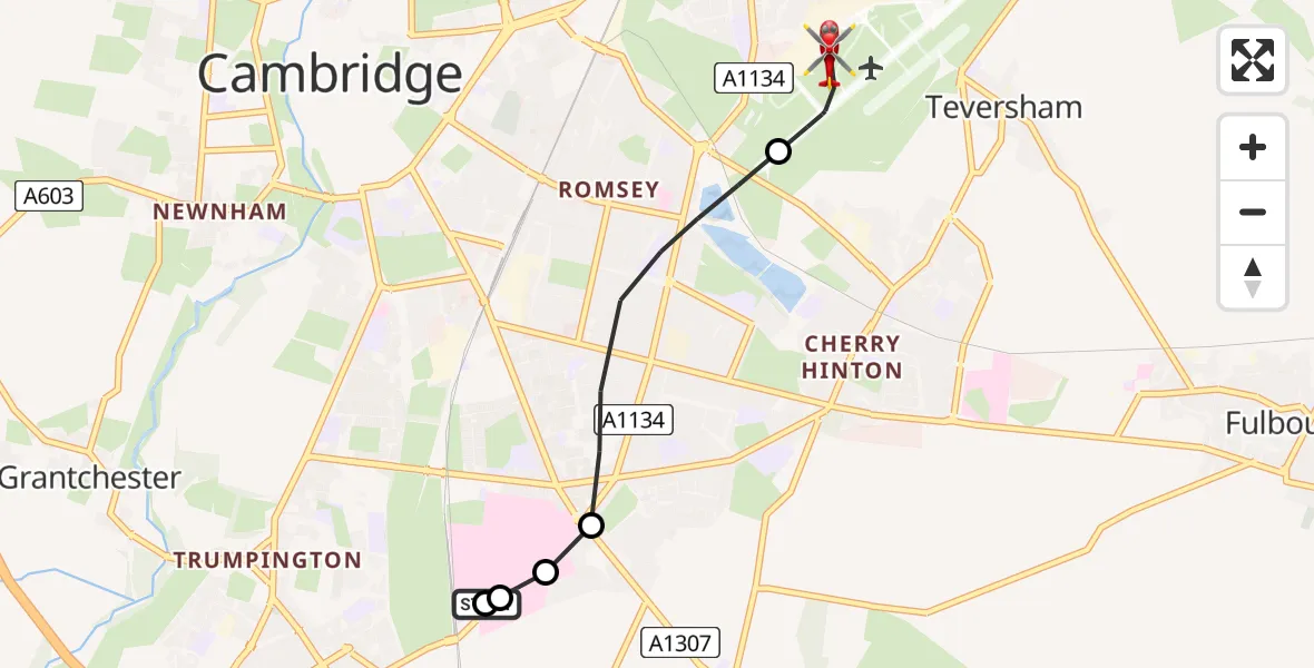 Flight route Air Ambulance Helicopter Papworth Hospital - Cambridge City Airport, 03 August 2026, 15:34