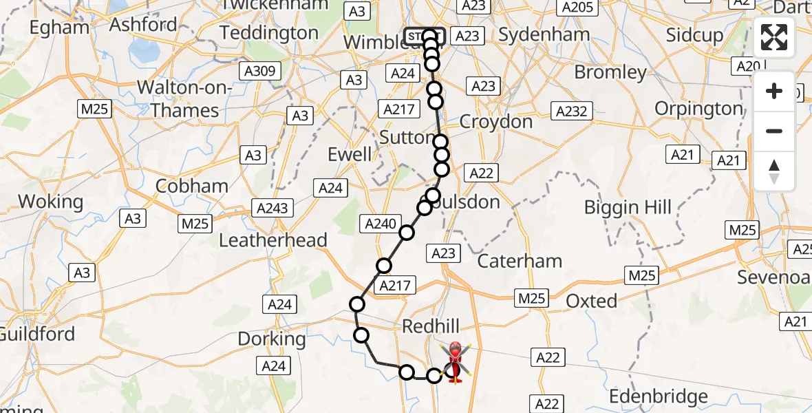 Flight route Air Ambulance Helicopter St Georges Hospital - Redhill Aerodrome, 03 August 2026, 15:36