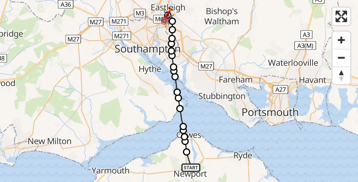 Flight route Air Ambulance Helicopter Newport - Southampton Airport, 03 August 2026, 15:43