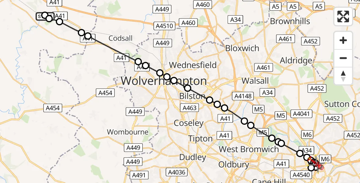 Flight route Air Ambulance Helicopter RAF Cosford - Nechells, 03 August 2026, 15:43