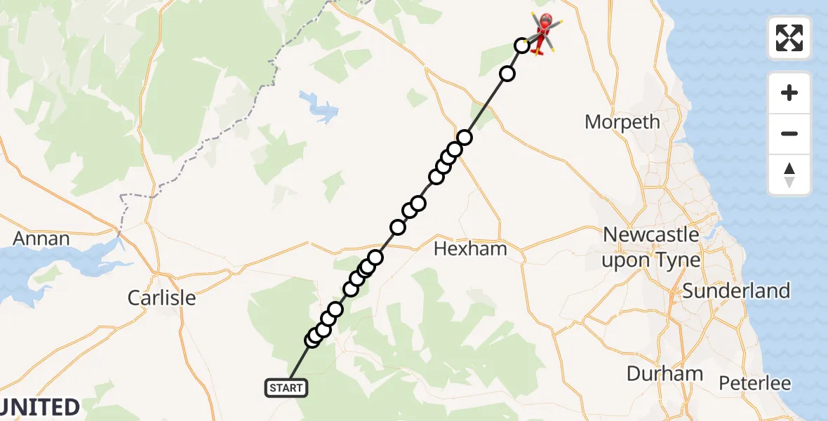 Flight route Air Ambulance Helicopter Gamblesby - Whitton and Tosson, 03 August 2026, 15:48