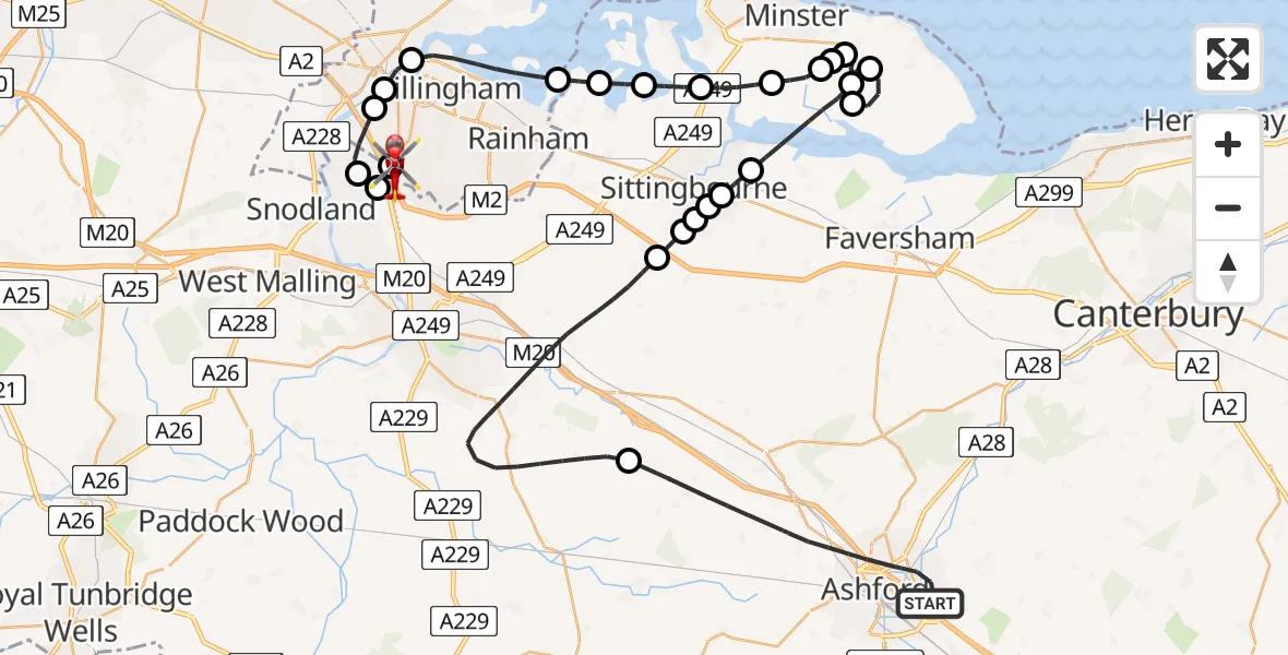 Flight route Air Ambulance Helicopter Ashford - Rochester Airport, 03 August 2026, 15:52
