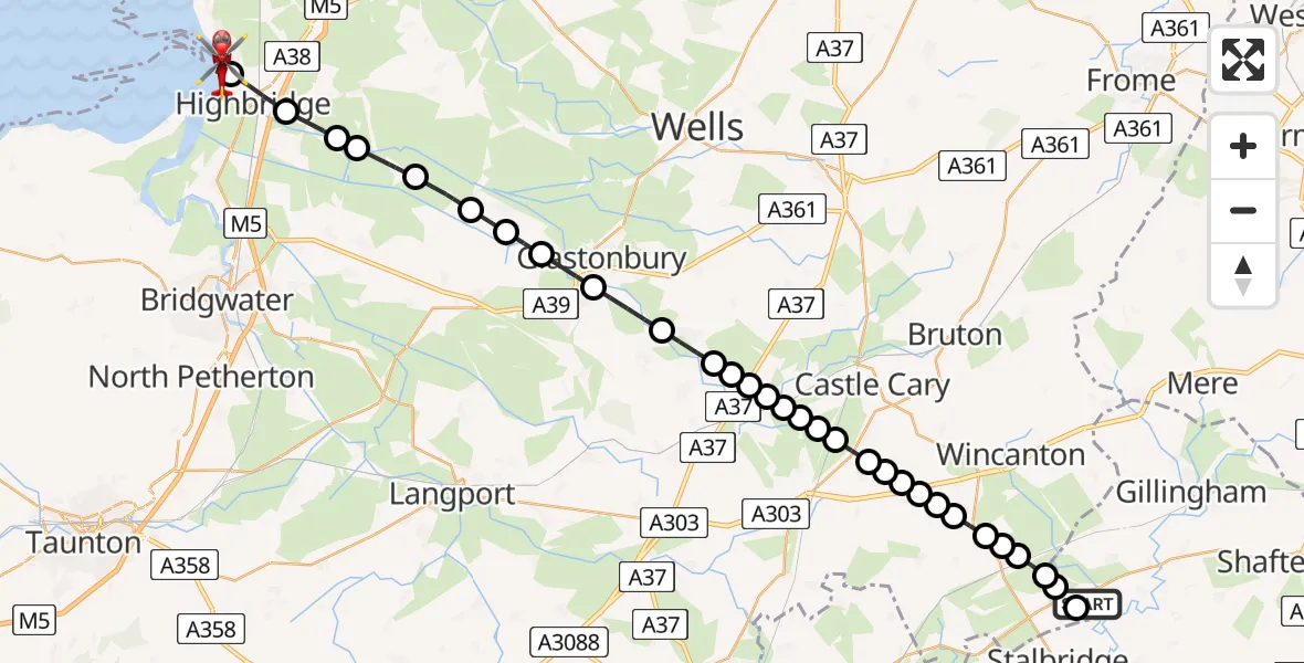 Flight route Air Ambulance Helicopter Henstridge Airfield - Burnham-on-Sea, 03 August 2026, 16:02