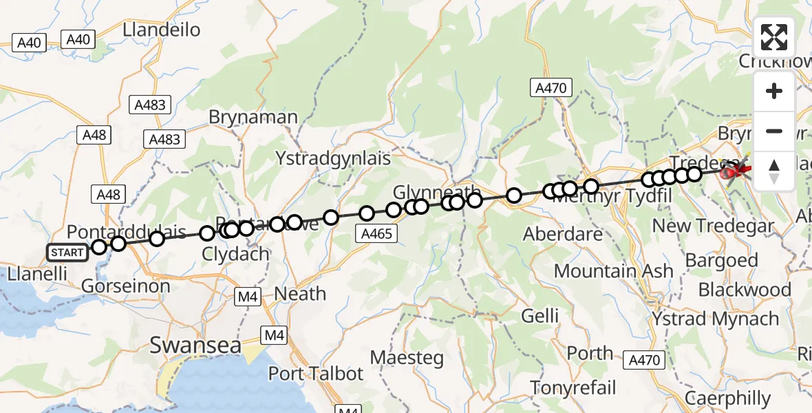 Flight route Air Ambulance Helicopter Dafen - Ebbw Vale, 03 August 2026, 16:04