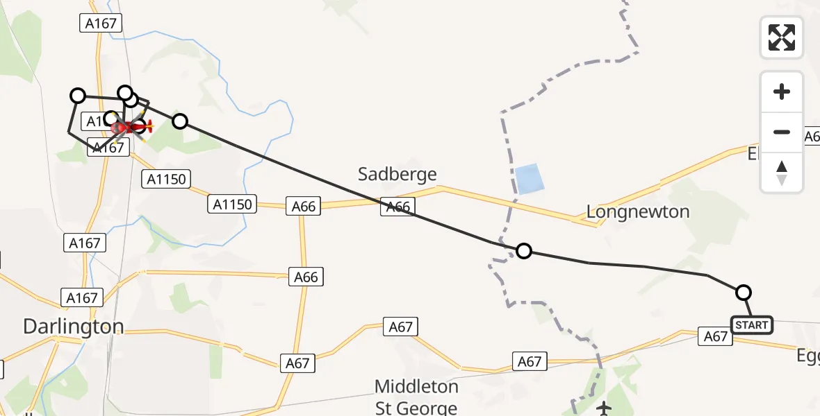 Flight route Air Ambulance Helicopter Egglescliffe - Harrowgate Hill, 03 August 2026, 16:05