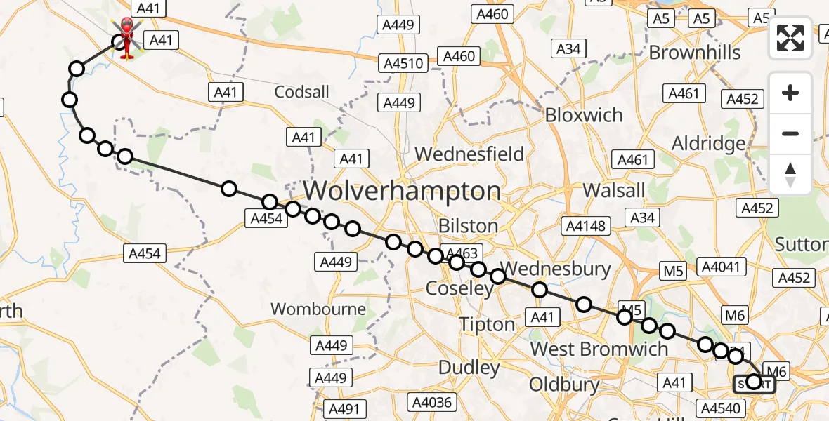 Flight route Air Ambulance Helicopter Aston - Cosford, 03 August 2026, 16:07