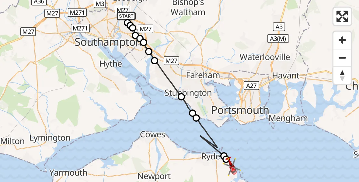 Flight route Air Ambulance Helicopter Southampton Airport - Seaview, 03 August 2026, 16:09