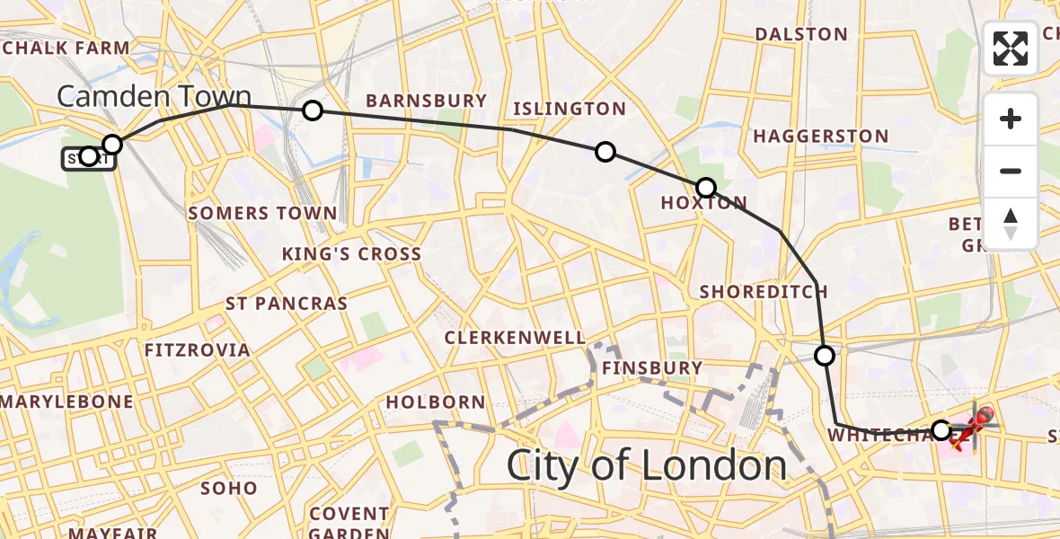 Flight route Air Ambulance Helicopter Chalk Farm - Royal London Hospital, 03 August 2026, 16:10