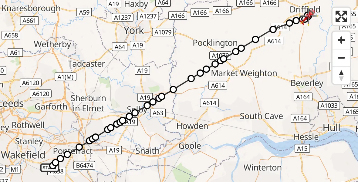 Flight route Air Ambulance Helicopter YAA Nostell Helicopter Port - Kelleythorpe, 03 August 2026, 16:15