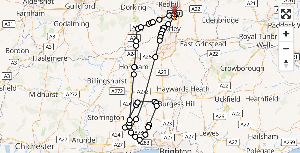 Flight route Air Ambulance Helicopter Redhill Aerodrome - Redhill Aerodrome, 03 August 2026, 16:27
