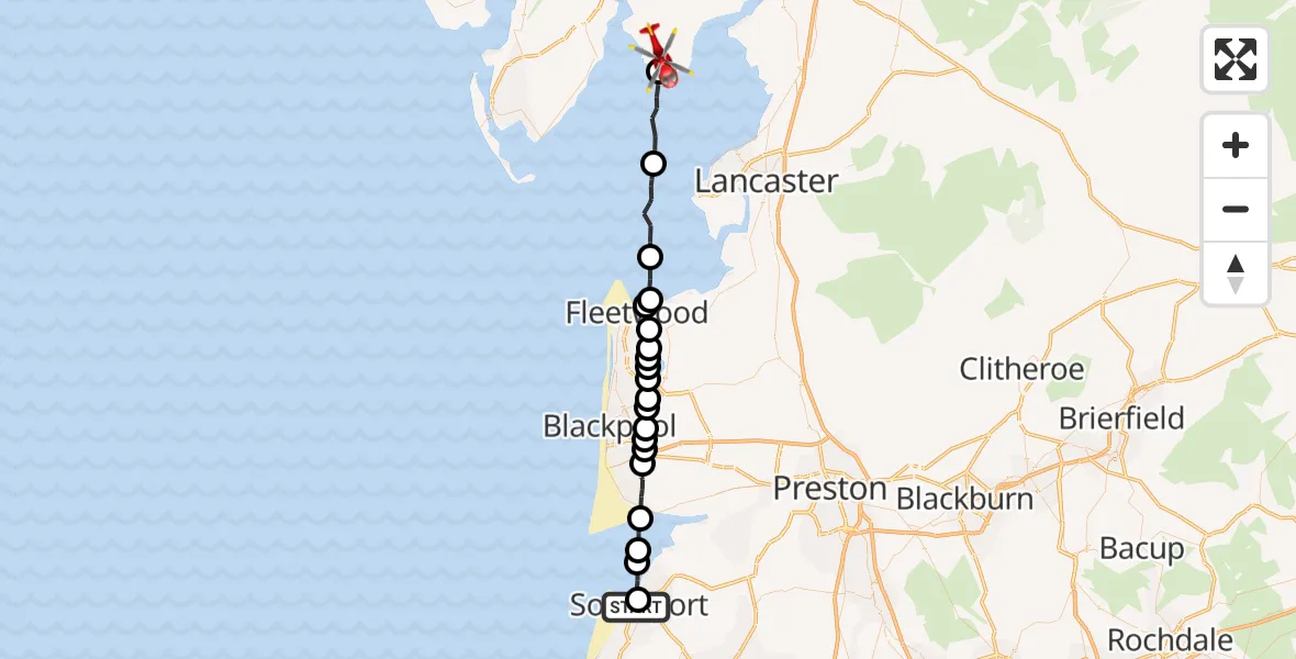 Flight route Air Ambulance Helicopter Southport - Flookburgh, 03 August 2026, 16:40