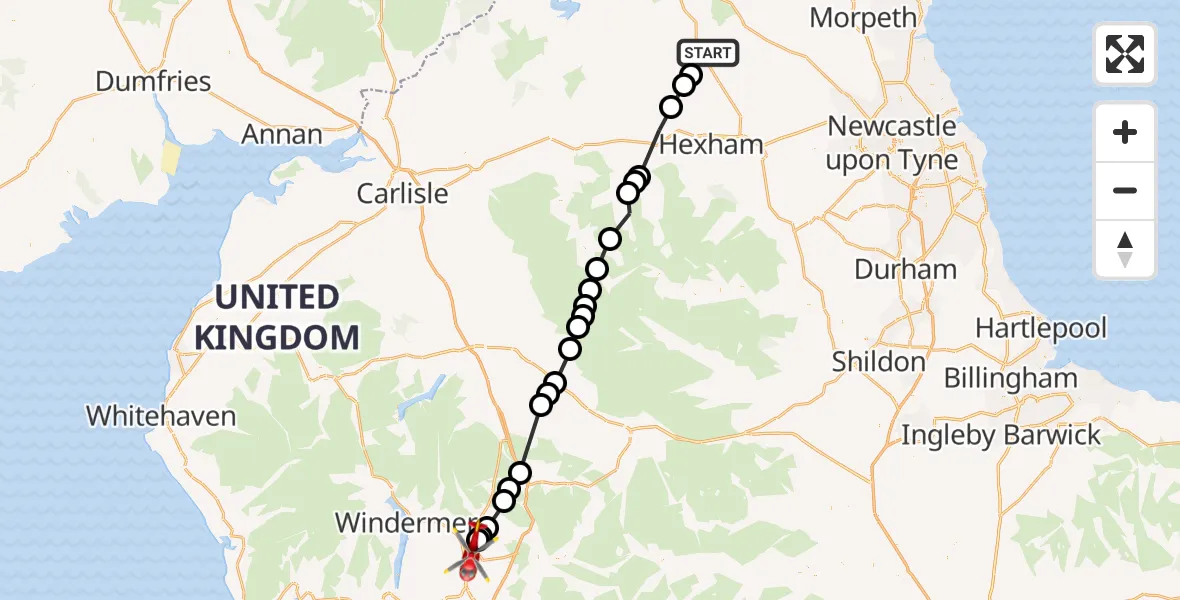 Flight route Air Ambulance Helicopter Chollerton - Kendal, 03 August 2026, 16:44