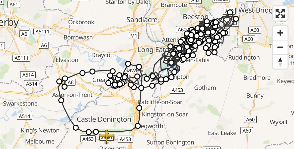 Flight route Police Aircraft East Midlands Airport - East Midlands Airport, 03 August 2026, 16:50