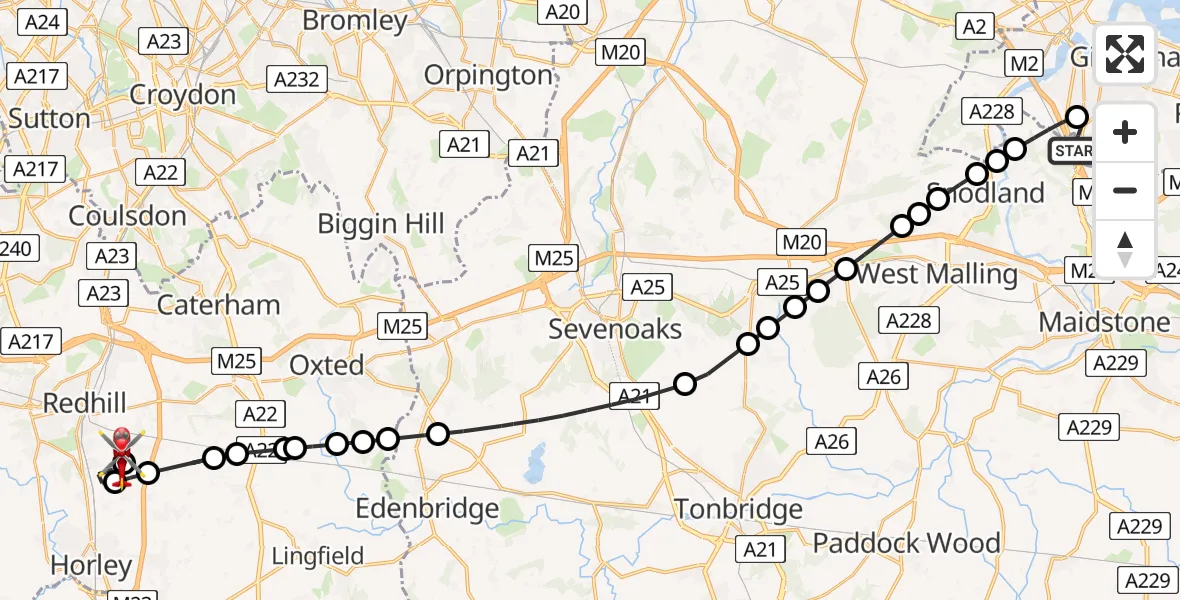 Flight route Air Ambulance Helicopter Rochester Airport - Redhill Aerodrome, 03 August 2026, 16:55