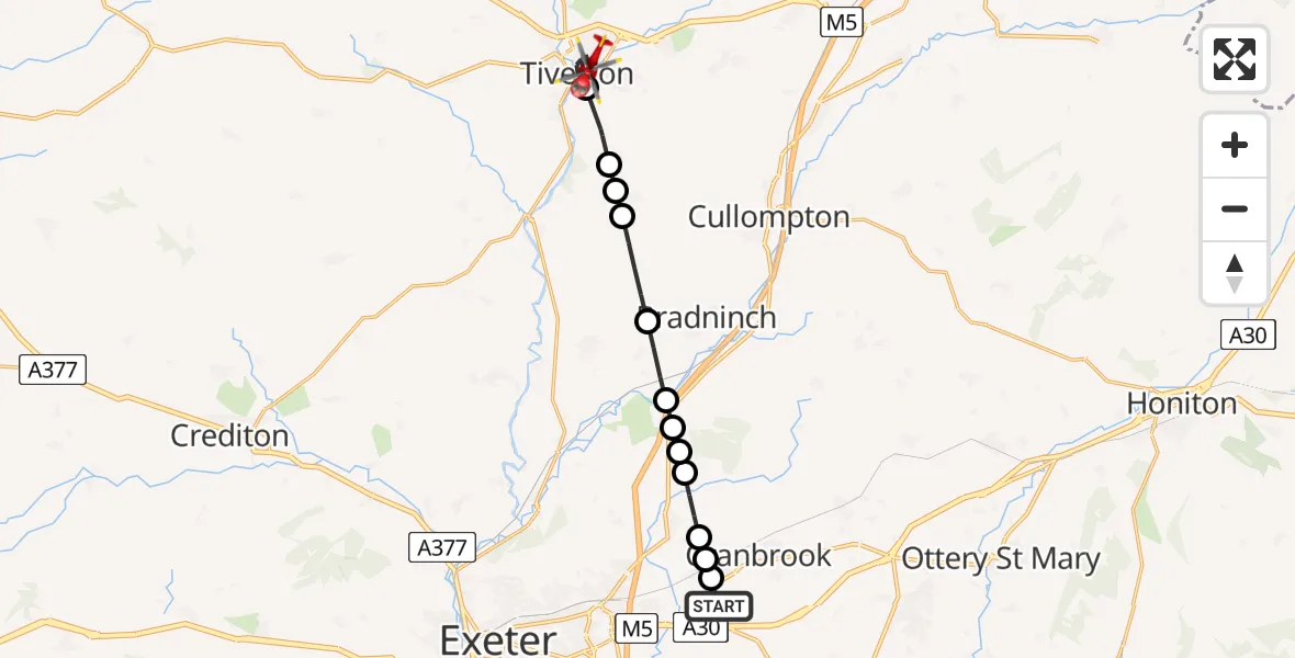 Flight route Air Ambulance Helicopter Exeter International Airport - Tiverton, 03 August 2026, 17:02
