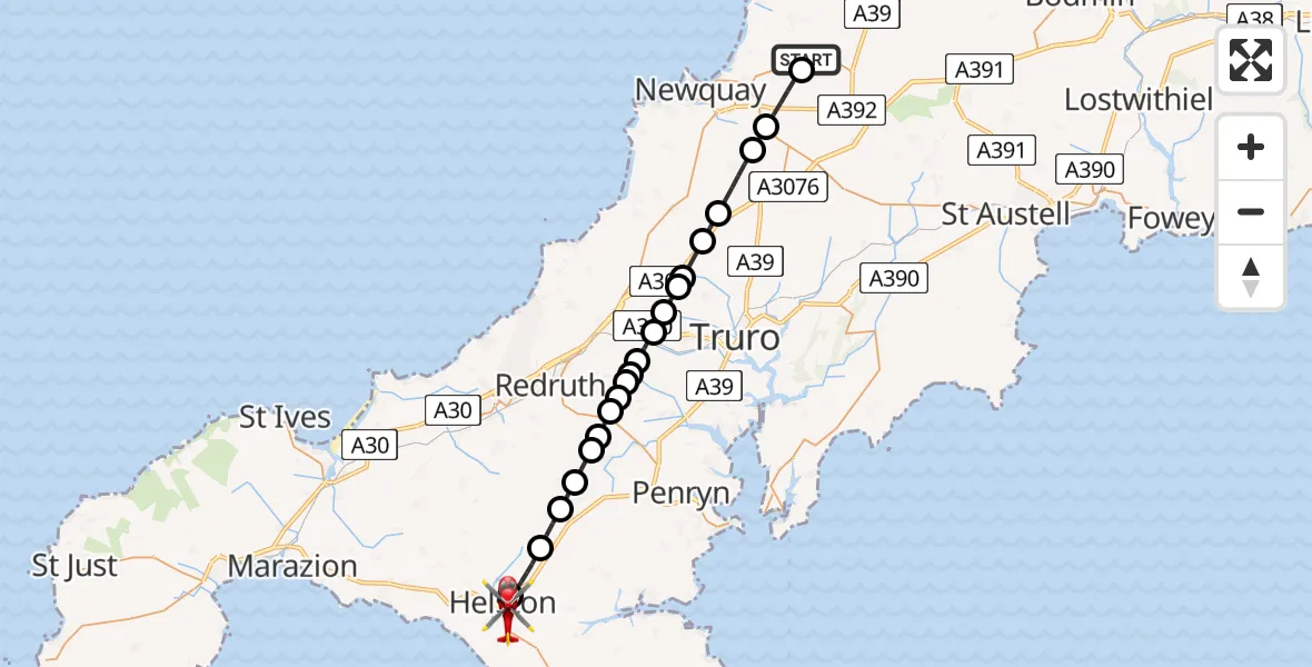 Flight route Air Ambulance Helicopter Cornwall Airport Newquay - Helston, 03 August 2026, 17:14