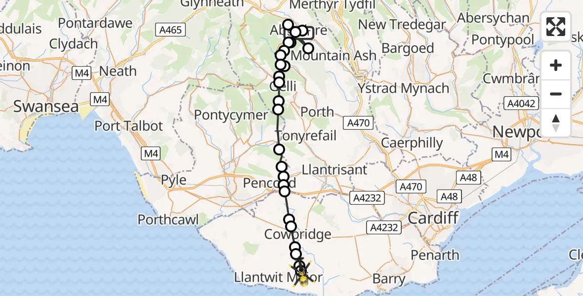 Flight route Police Helicopter Aberdare - MOD St Athan, 03 August 2026, 17:17