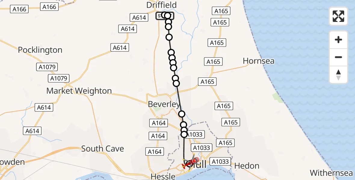 Flight route Air Ambulance Helicopter Driffield - Hull Royal Infirmary, 03 August 2026, 17:22