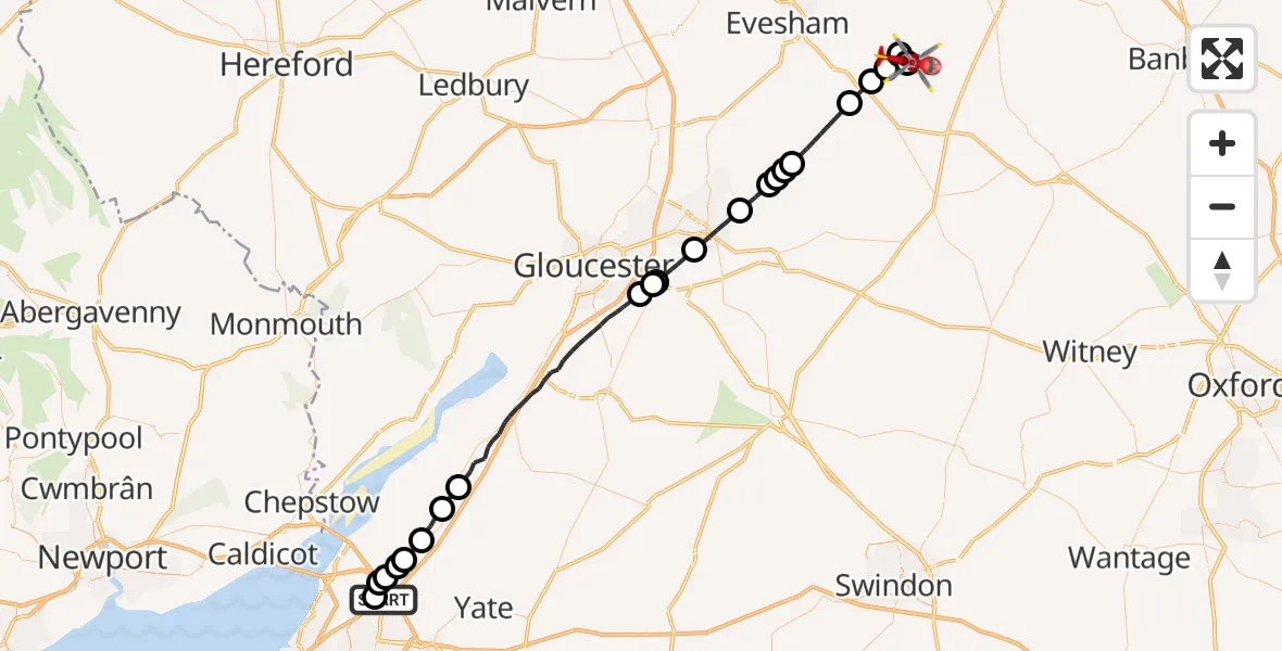 Flight route Air Ambulance Helicopter Almondsbury Helicopter Base - Chipping Campden, 03 August 2026, 17:22