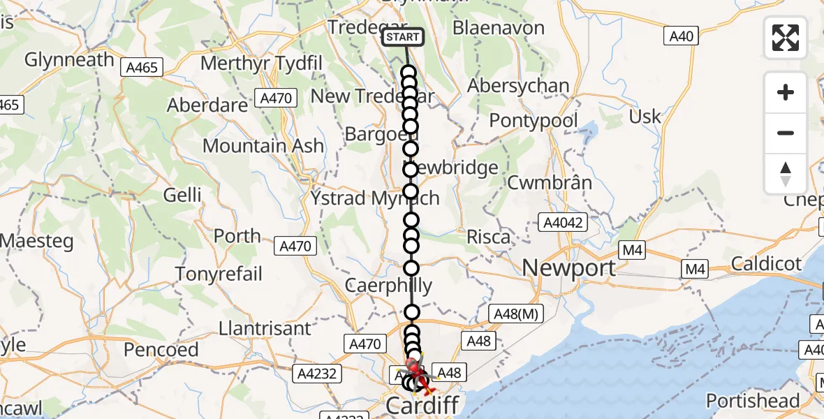 Flight route Air Ambulance Helicopter Ebbw Vale - Birchgrove, 03 August 2026, 17:26