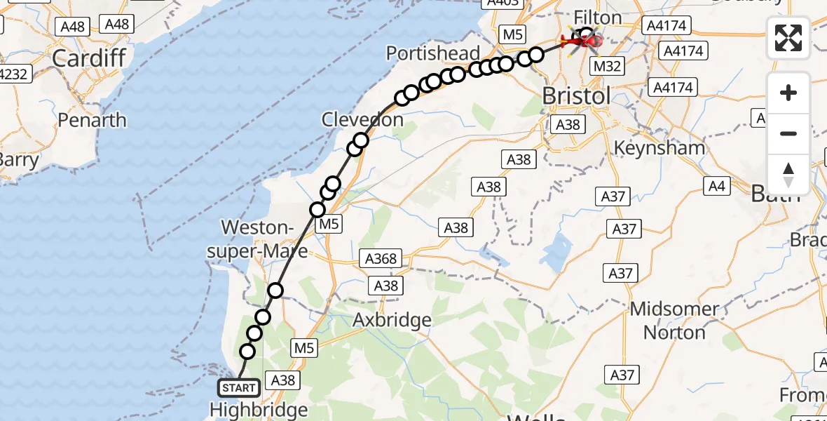 Flight route Air Ambulance Helicopter Burnham-on-Sea - Bristol, 03 August 2026, 17:32